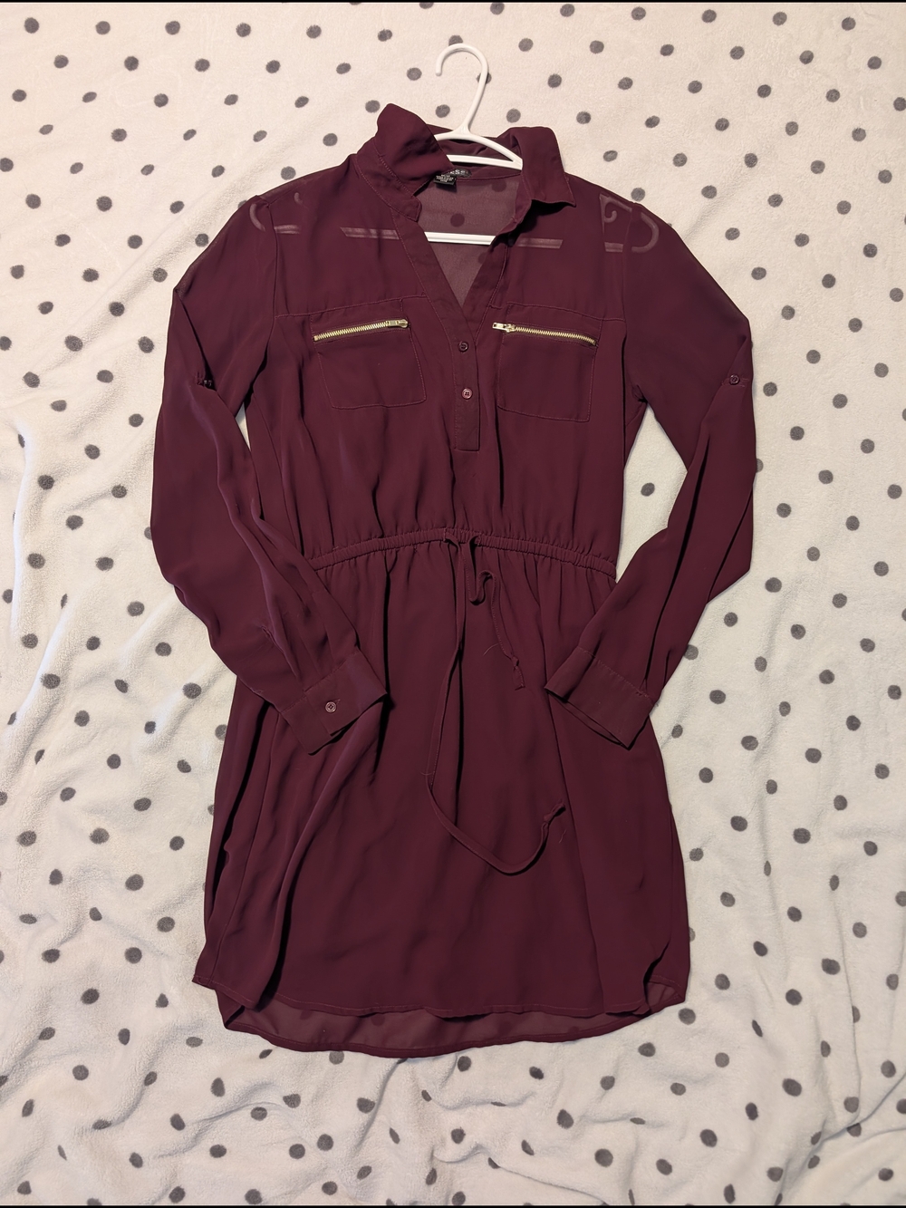 imPRESS Long-Sleeve Burgundy Shirtdress with Gold Zips